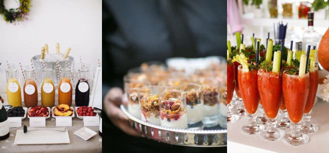 Three image collage of blood mary's | tray of dessert shots on a silver tray | row of fresh juices with stripe paper straws and fruits | Kelly Chandler Consulting