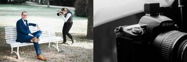 Wedding photographer and groom sitting on a bench | Kelly Chandler Consulting