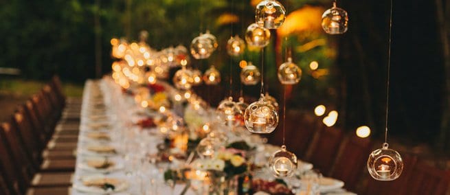Hanging tea lights over a wedding breakfast table | Kelly Chandler Consulting