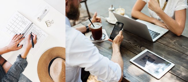 Two people sitting at a table with a laptop ipad and phone | Kelly Chandler Consulting 