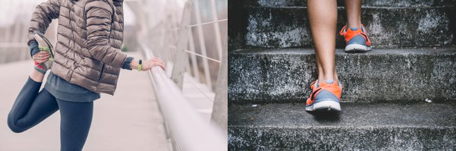 Lady with running shoes stretching and walking up stairs | Kelly Chandler Consulting