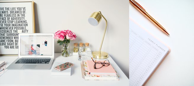 Laptop and desk and note pad with gold pen | Kelly Chandler Consulting