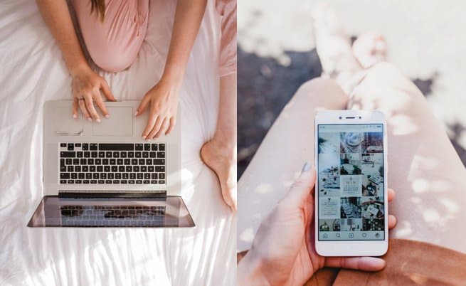Writing on laptop and sharing post on social media using hand held iphone | Kelly Chandler Consulting