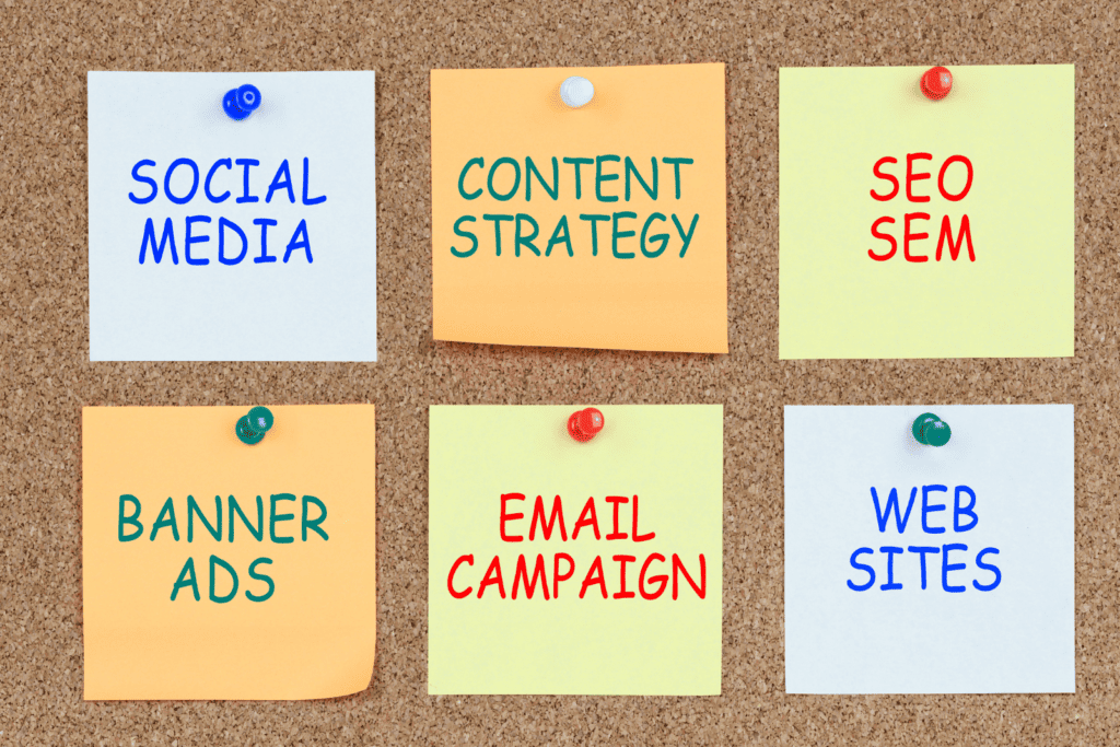 Colourful post it notes showing different categories of online wedding venue marketing