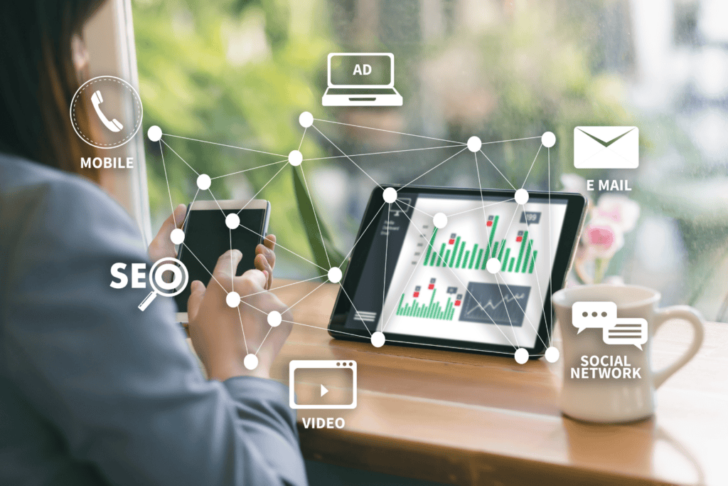 Digital marketing infographic with woman using a smart phone and ipad