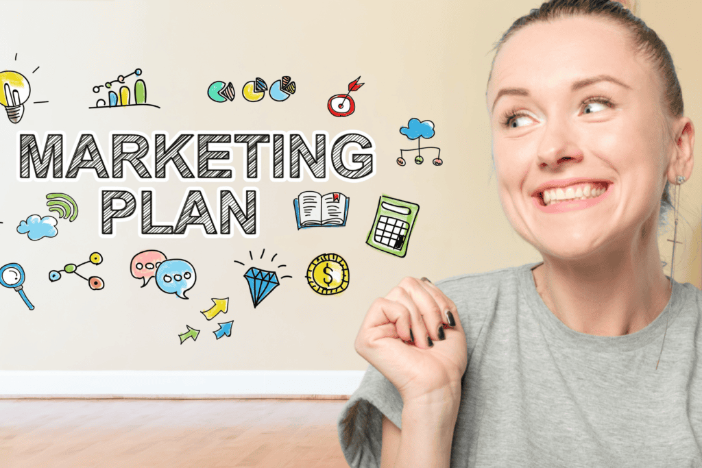 Woman smiling at words saying wedding venue marketing plan