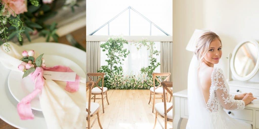 Styled wedding venue photo shoot of a bride, the alter and wedding breakfast