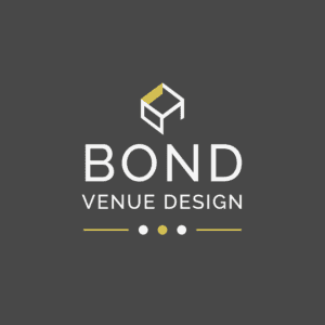 Bond Venue Design logo with geometric cube and modern font on dark background.