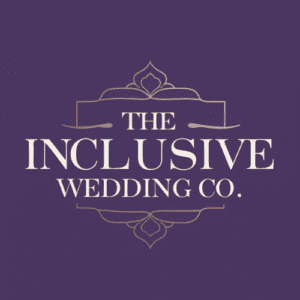 The Inclusive Wedding Co. logo on a purple background with elegant gold design.
