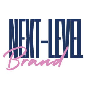 Next-Level Brand logo with bold text and pink script.