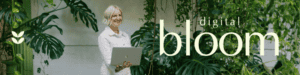 Kelly Chandler smiling with a laptop in a lush green garden setting.